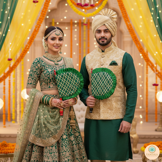 Emerald Green Cross Stripes Punjabi Pakhi (Hand Fans) - Pack of 2