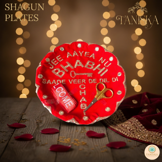 Small "Jee Aayea Nu Bhabhi, Saade Veer De Dil Di Chaabi" Plate (Groom Welcoming, with Scissors & Ribbon)
