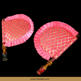 Pink Cross Stripes Punjabi Pakhi (Hand Fans) - Pack of 2