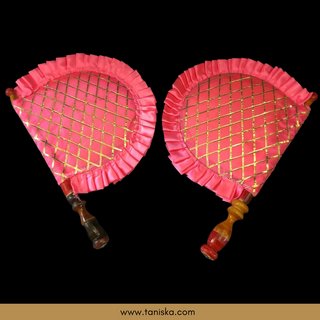 Pink Cross Stripes Punjabi Pakhi (Hand Fans) - Pack of 2