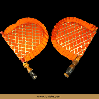 Orange Cross Stripes Punjabi Pakhi (Hand Fans) - Pack of 2