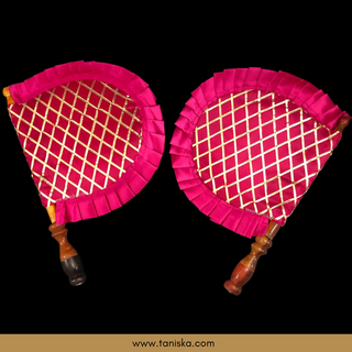 Hot Pink Cross Stripes Punjabi Pakhi (Hand Fans) - Pack of 2
