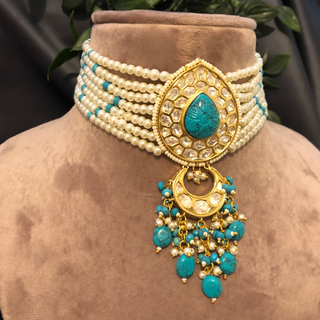 MRINAL Traditional Kundan Necklace Set - Turquoise/White
