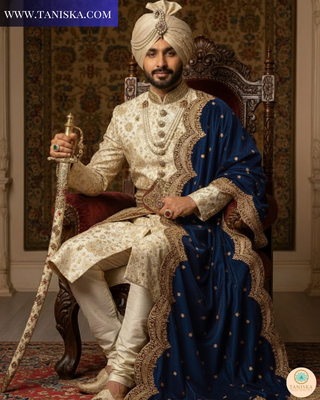 The Sapphire Sovereign | Velvet Zardosi Groom’s Shawl
