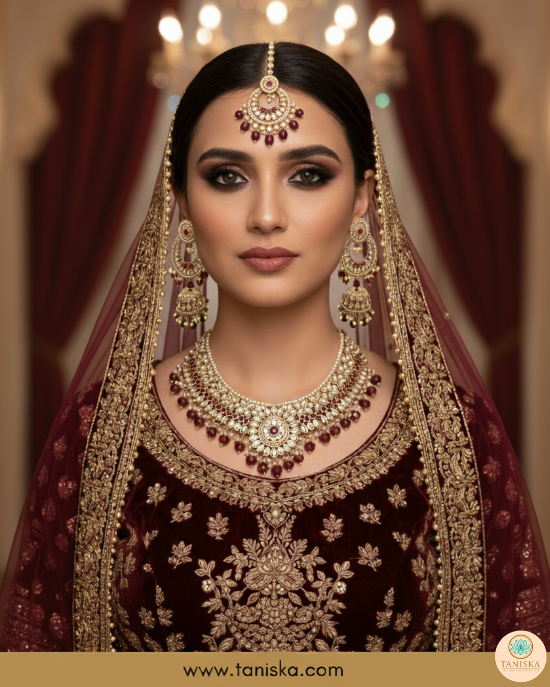 Maroon Traditional Necklace Set - Antique Gold