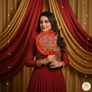 Punjabi Pakhi with Golden-Red Decorated Patterns (Hand-Fan - Single Piece)