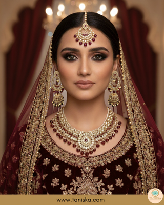 Maroon Traditional Necklace Set - Antique Gold