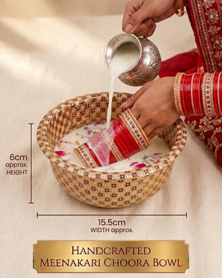 Handcrafted Meenakari Choora Bowl | Traditional Peacock Design Wedding Ritual Bowl | 15.5cm Gold Enamel Bowl