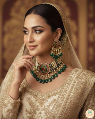 DEEPIKA Emerald Green / Hot Pink Pachi Kundan Necklace Set
