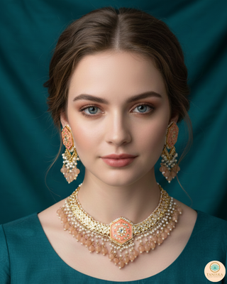 MRINAL Traditional Meenakari Kundan Necklace Set - Peach