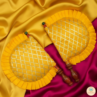 Yellow Cross Stripes Punjabi Pakhi (Hand Fans) - Pack of 2