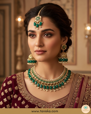 Emerald Green Traditional Necklace Set - Antique Gold