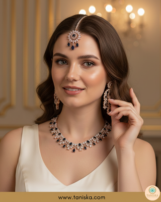 American Diamond Style Necklace Set - Rose Gold / Navy