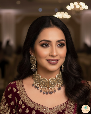 Pearly Antique Gold Necklace Set (Necklace, Earrings, Tikka) - Golden / Grey