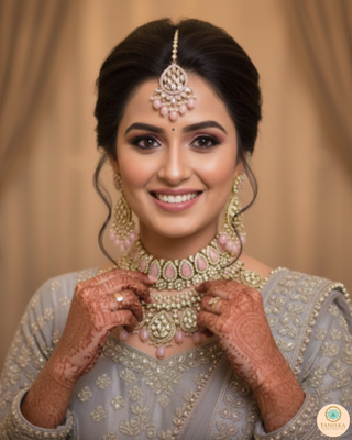 Pearly Antique Gold Necklace Set (Necklace, Earrings, Tikka) - Golden / Pink