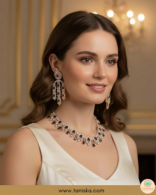 American Diamond Style Necklace Set - Rose Gold / Navy