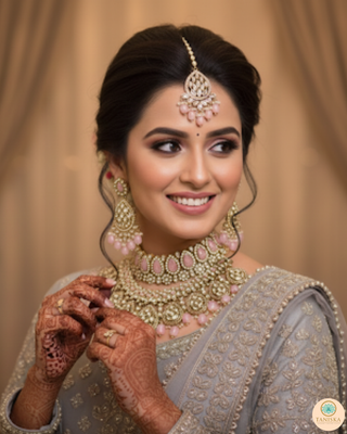 Pearly Antique Gold Necklace Set (Necklace, Earrings, Tikka) - Golden / Pink