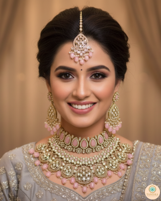 Pearly Antique Gold Necklace Set (Necklace, Earrings, Tikka) - Golden / Pink