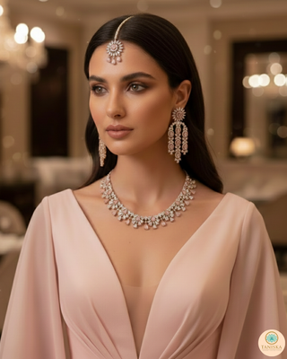 American Diamond Style Necklace Set - Rose Gold / Baby Pink