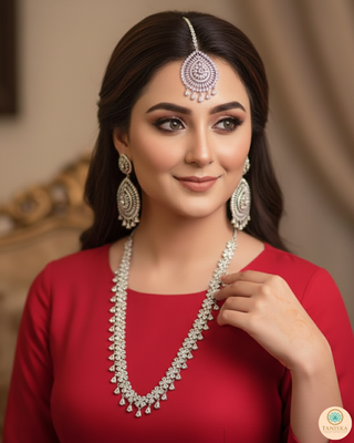 American Diamond Style, Cubic Zirconia Long Necklace Set - Silver