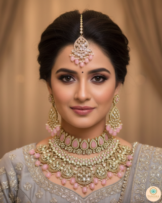 Pearly Antique Gold Necklace Set (Necklace, Earrings, Tikka) - Golden / Pink
