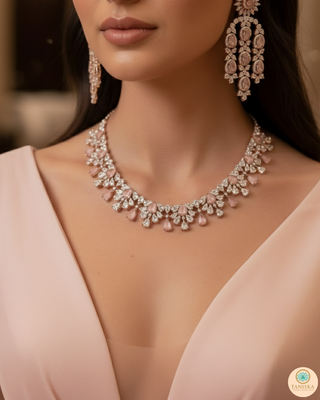 American Diamond Style Necklace Set - Rose Gold / Baby Pink