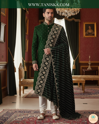 The Emerald Empire | Striped Velvet Zardosi Groom’s Shawl