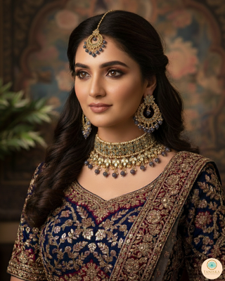 Pearly Antique Gold Necklace Set (Necklace, Earrings, Tikka) - Golden / Grey