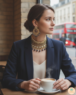 Pearly Antique Gold Necklace Set (Necklace, Earrings, Tikka) - Golden / Grey