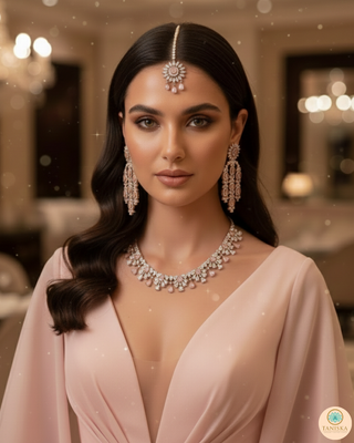American Diamond Style Necklace Set - Rose Gold / Baby Pink