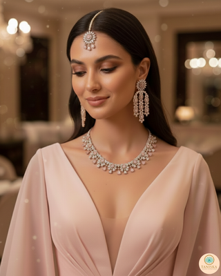 American Diamond Style Necklace Set - Rose Gold / Baby Pink