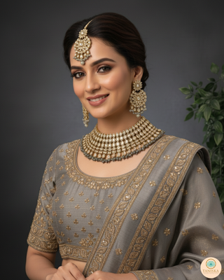 Pearly Antique Gold Necklace Set (Necklace, Earrings, Tikka) - Golden / Grey