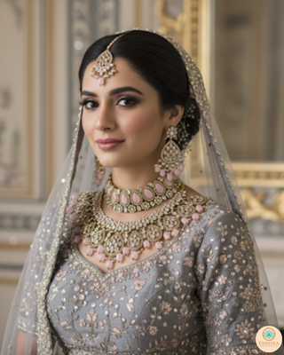 Pearly Antique Gold Necklace Set (Necklace, Earrings, Tikka) - Golden / Pink