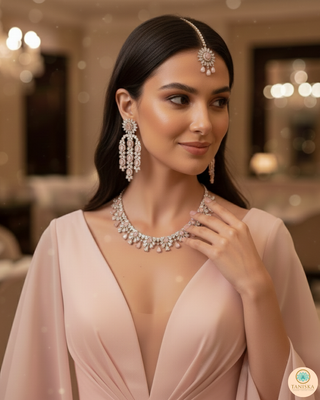 American Diamond Style Necklace Set - Rose Gold / Baby Pink