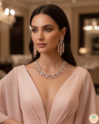American Diamond Style Necklace Set - Rose Gold / Baby Pink