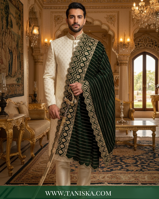 The Emerald Empire | Striped Velvet Zardosi Groom’s Shawl