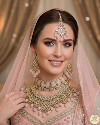 Pearly Antique Gold Necklace Set (Necklace, Earrings, Tikka) - Golden / Pink