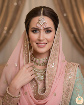 Pearly Antique Gold Necklace Set (Necklace, Earrings, Tikka) - Golden / Pink