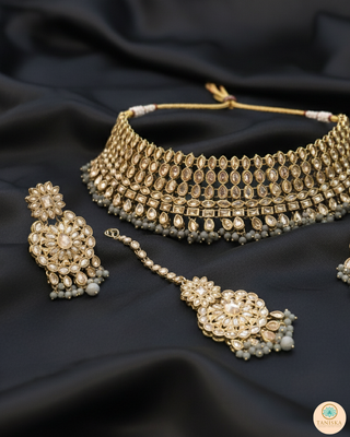 Pearly Antique Gold Necklace Set (Necklace, Earrings, Tikka) - Golden / Grey
