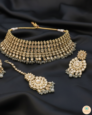 Pearly Antique Gold Necklace Set (Necklace, Earrings, Tikka) - Golden / Grey