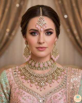 Pearly Antique Gold Necklace Set (Necklace, Earrings, Tikka) - Golden / Pink