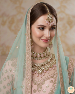 Pearly Antique Gold Necklace Set (Necklace, Earrings, Tikka) - Golden / Pink