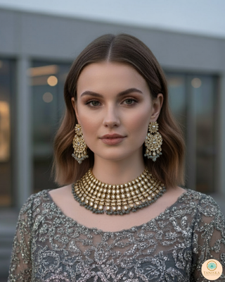 Pearly Antique Gold Necklace Set (Necklace, Earrings, Tikka) - Golden / Grey