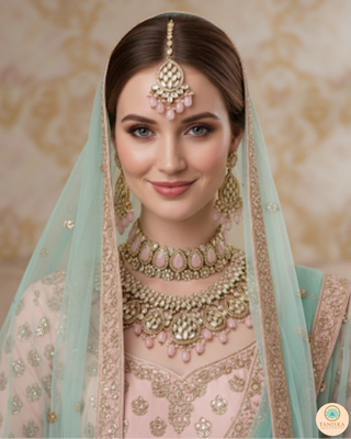 Pearly Antique Gold Necklace Set (Necklace, Earrings, Tikka) - Golden / Pink