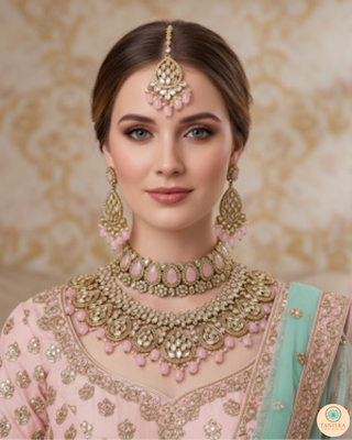 Pearly Antique Gold Necklace Set (Necklace, Earrings, Tikka) - Golden / Pink