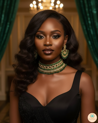 Pearly Antique Gold Necklace Set (Necklace, Earrings, Tikka) - Golden / Emerald Green