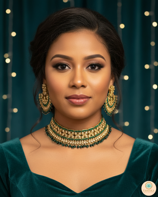 Pearly Antique Gold Necklace Set (Necklace, Earrings, Tikka) - Golden / Emerald Green