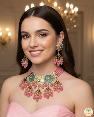 ZOYA Pink/Turquoise Combo Kundan Necklace Set