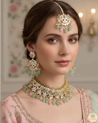 Pearly Antique Gold Necklace Set (Necklace, Earrings, Tikka) - Golden / Pink / Mint