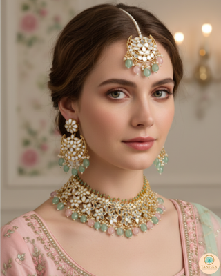 Pearly Antique Gold Necklace Set (Necklace, Earrings, Tikka) - Golden / Pink / Mint